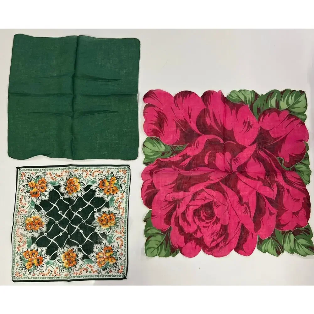Set of 3 Vintage Hankie Handkerchiefs - Green Red Yellow Floral Beautiful - Picture 2 of 6